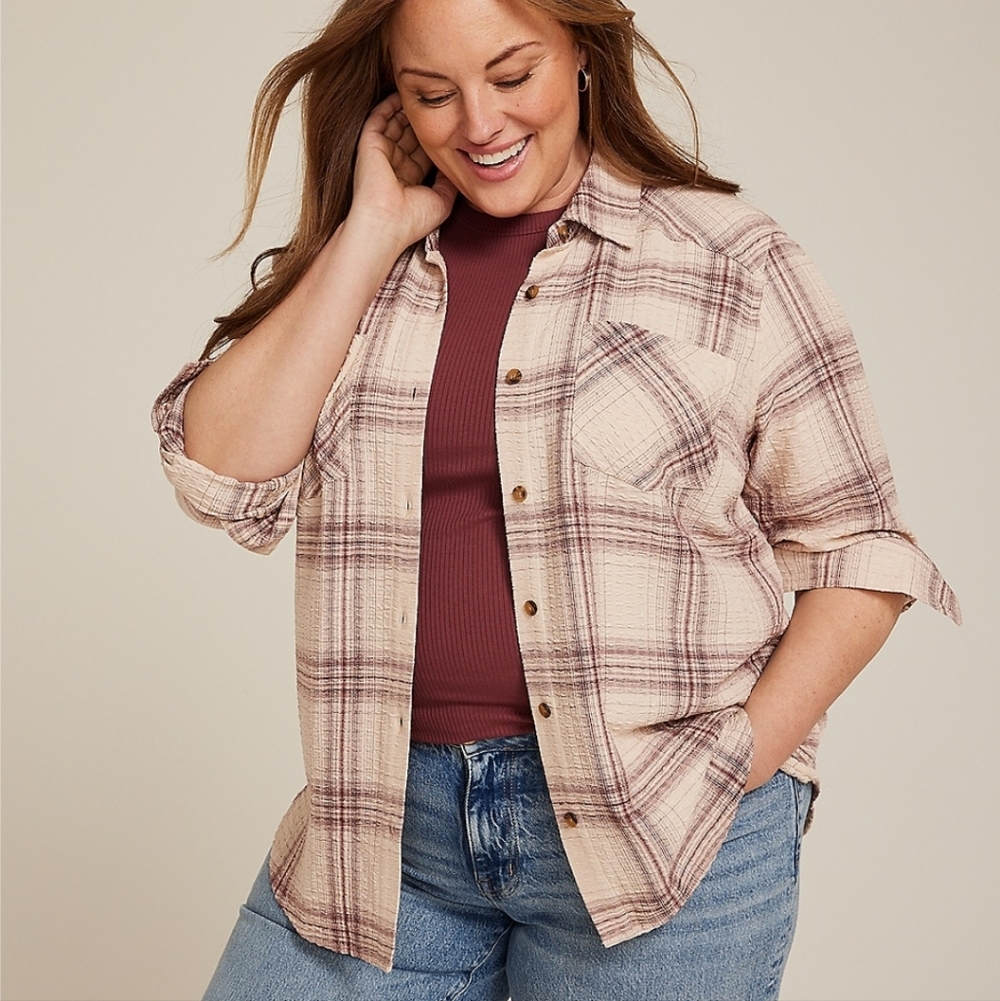Maurices Beige and Burgundy Plaid Button Down Long Sleeve Shirt